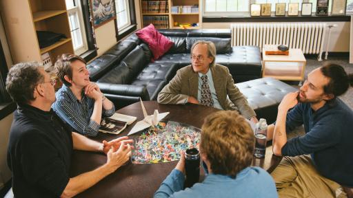 Students and faculty talking about great books.